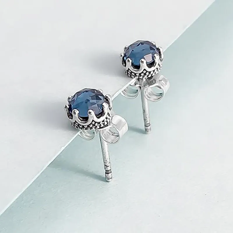 

100% 925 Sterling Silver Pan Earring Transparent Sparkle Blue Sparkle Crown Stud For Women Wedding Gift Fashion Jewelry