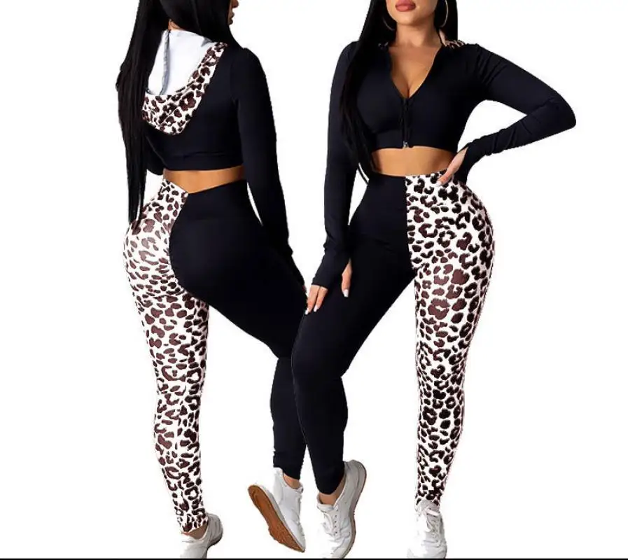 

2020 Autumn Spring Fashion Casual Sets Long Sleeve Hoodies Tops with Zipper + Long Pants Sets Female Leopard Streetwear Outfit