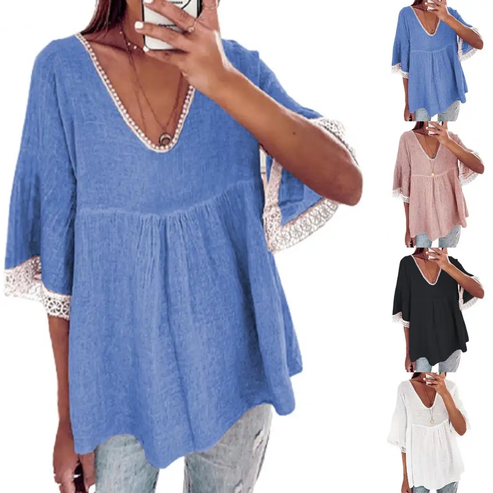 Однотонная женская рубашка с V-образным вырезом и рукавом до локтя | Женская