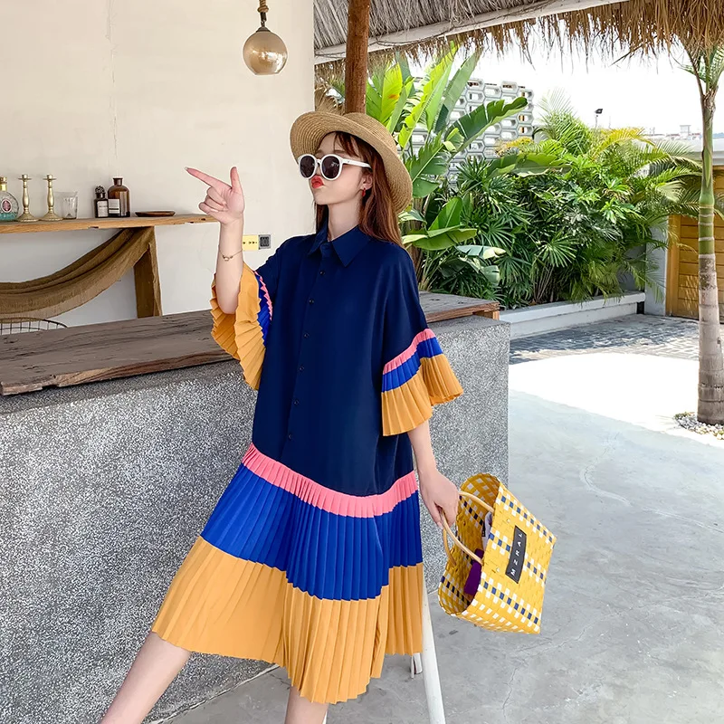 2021 Summer New Korean Loose Thin Plus Size Color Matching Dress Casual All-match Western Style Women T-shirt Tide Free Shipping