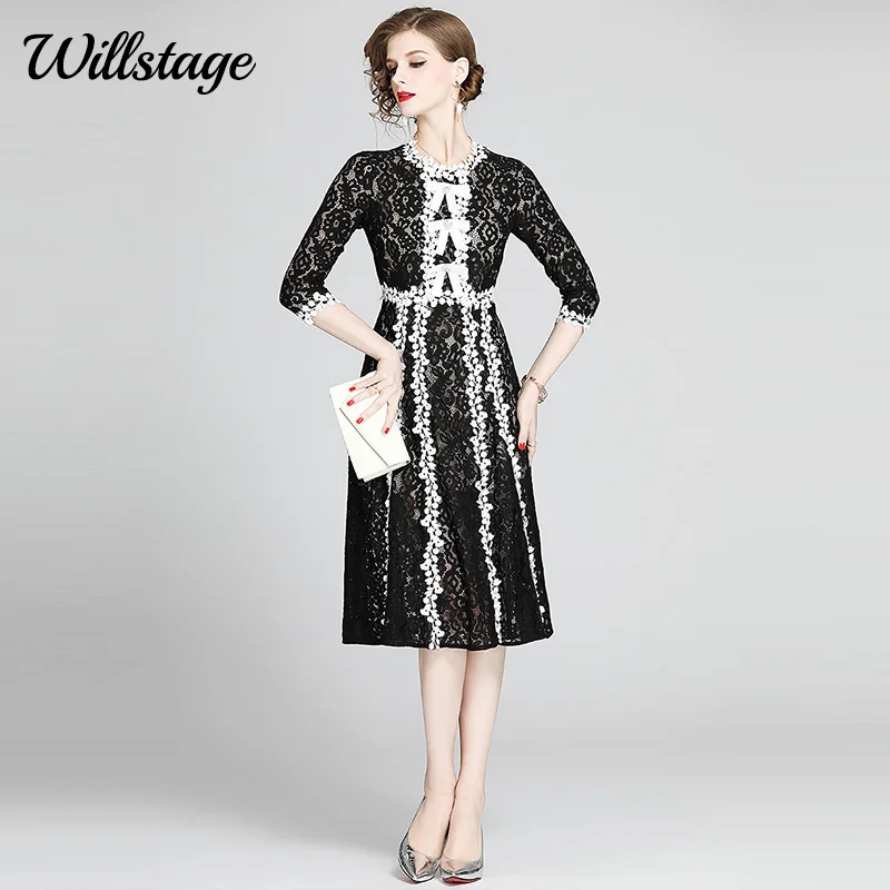 Willstage маленькие черные платья для женщин с бантом в стиле пэчворк цветочным