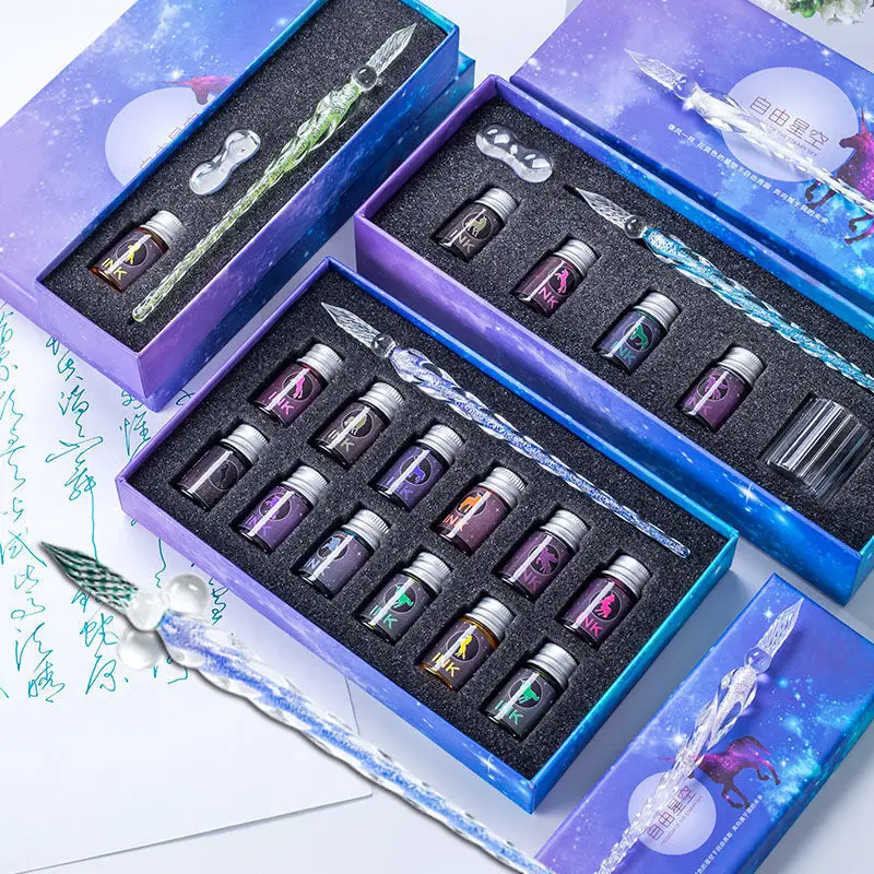 

13pcs Handmade Stationery Creative Ink Pen Glass Fountain Pen Water Set Student Crystal Dip Ink Gift Box Writing Supplies