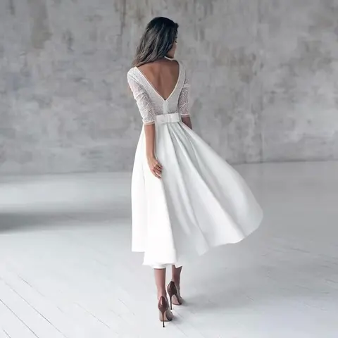 Lace V-neck Wedding Dresses Tea Length Свадебное платье Formal Wedding Bridal Gowns Vestidos De Novia Robe De Mariée