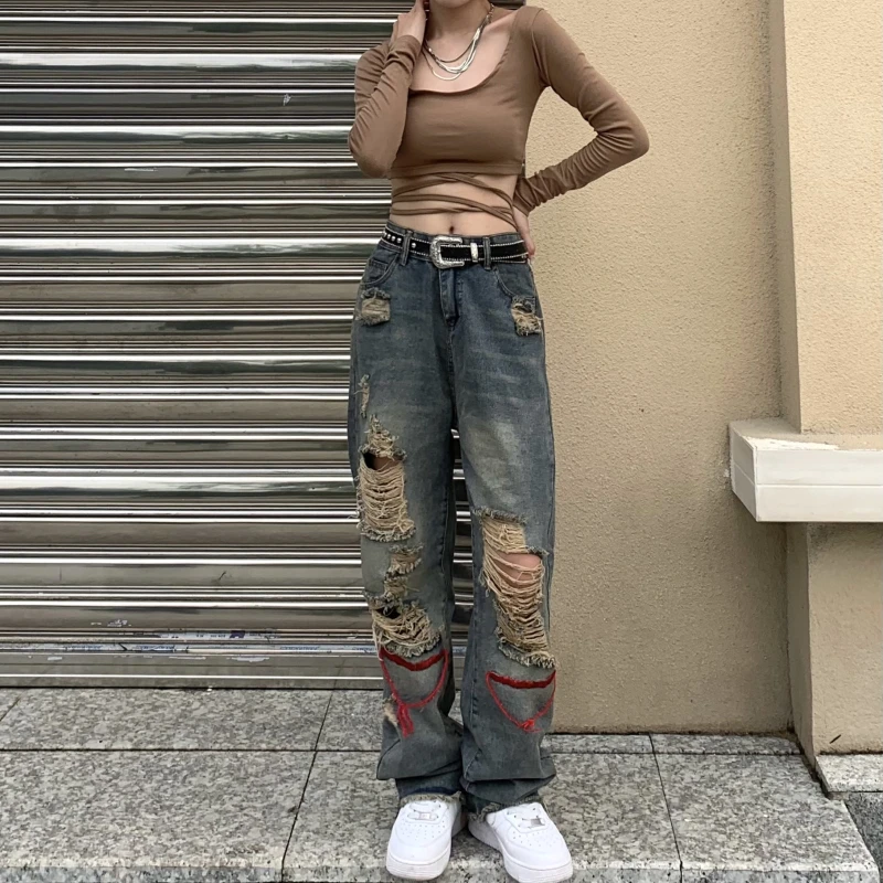 

Женские рваные джинсовые брюки в стиле панк, готические женские длинные джинсы с вышивкой и низкой талией, прямые брюки с эффектом потертости