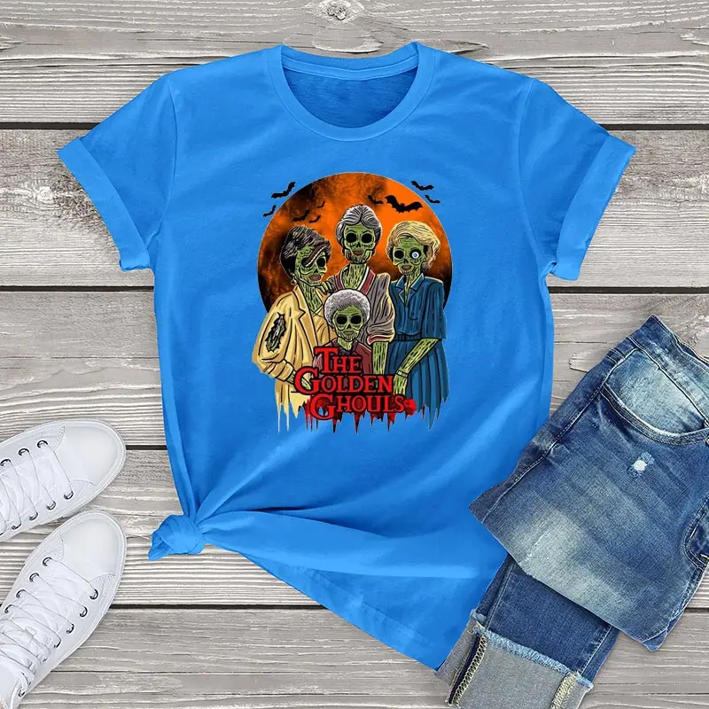 100 Cotton Golden Ghouls Short Sleeve Tee Tops Funny Halloween Horror Film Unisex T-Shirt Women Clothing Graphic Womens Shirts | Женская
