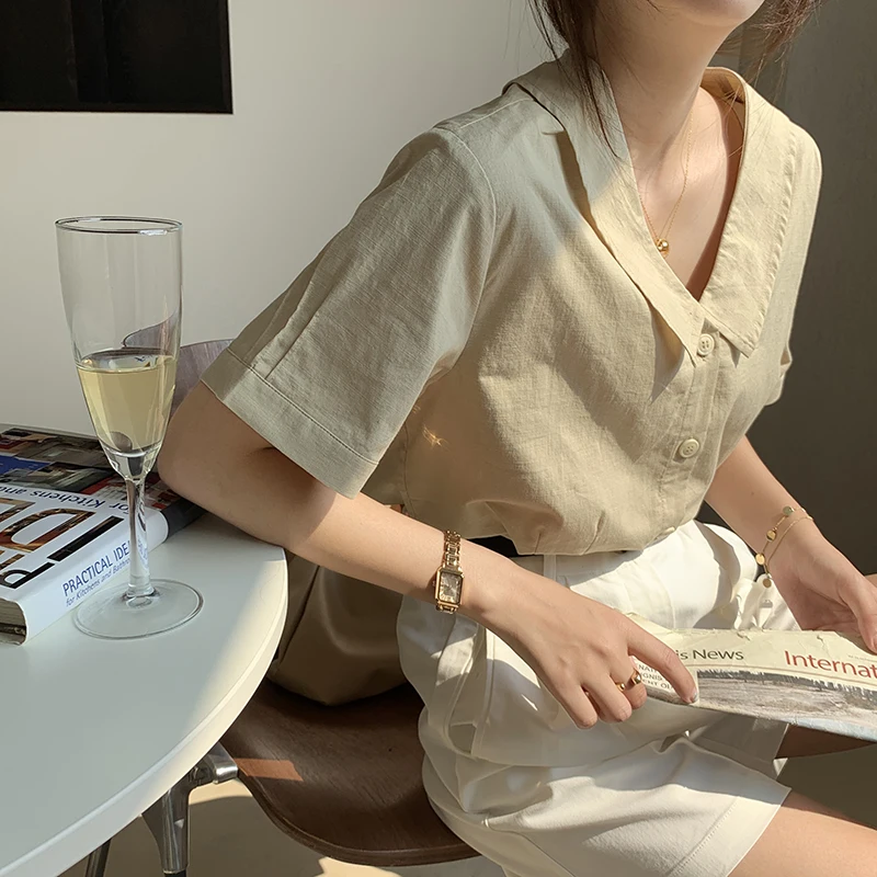 

Chiffon Loose Women's Blouses New Casual Blouse Buttons Solid Color Polo Shirt Summer Fashion Short Sleeve Top Houthion