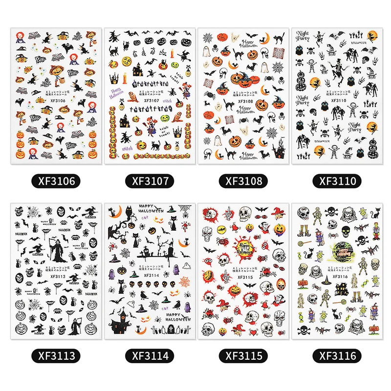

Halloween Series Nail Sticker 3D Adhesive Stickers Pumpkin Lantern Skeleton Spider Decals Slider For Nail Art Decoration
