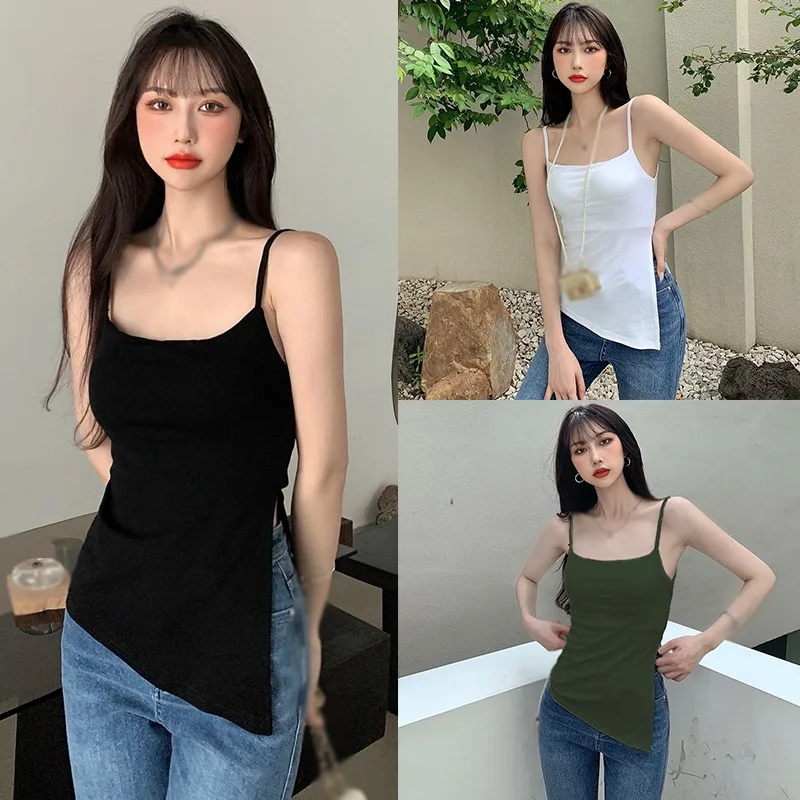 

Women'S Summer Base Solid Color Casual Slit Vest And White Blouse For Girls With Suspenders
