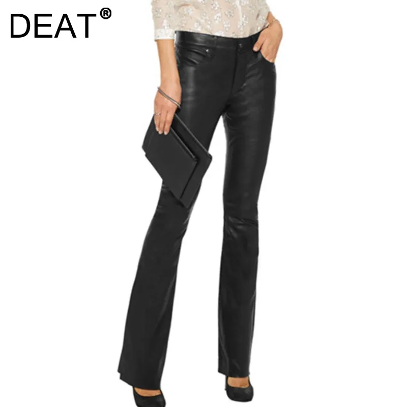 

DEAT 2021 New Women Fashion Skinny Black Button Fly Pockets Washed PU Leather High Waist Flared Pants Autumn And Winter 7E3005