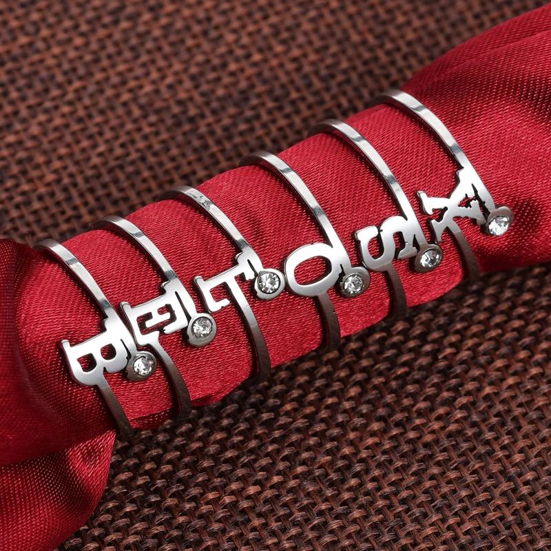 Silver Color Men's Letter Open Rings For Women Custom Initial Ring With Rhinestone Female Statement Engagement Party Jewelry | Украшения