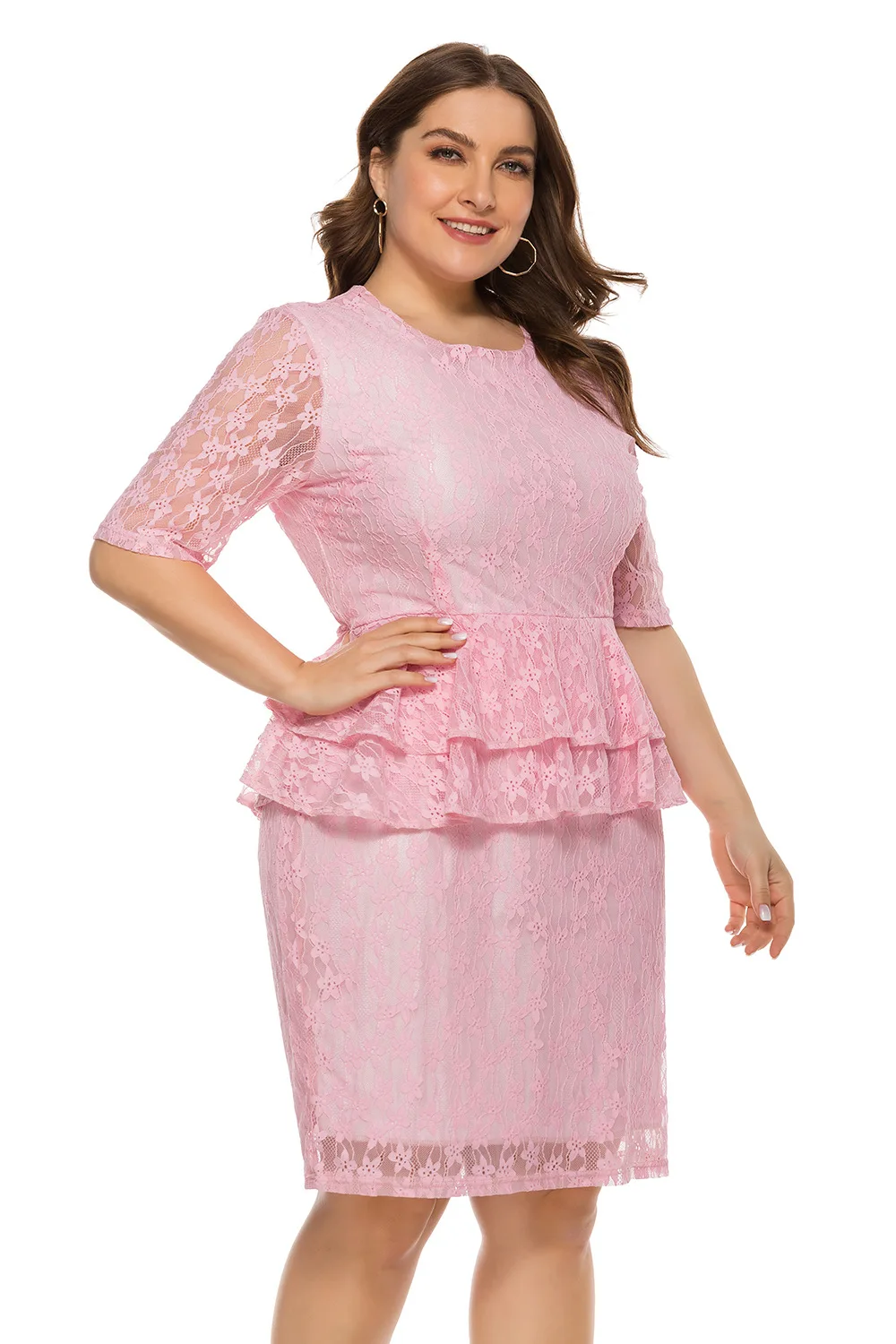 

Plus Size 5XL Summer New Elegant Solid O-Neck Half Sleeve Vestidos Korean Fashion Slim Office Lady Lace Dress High Waist C242