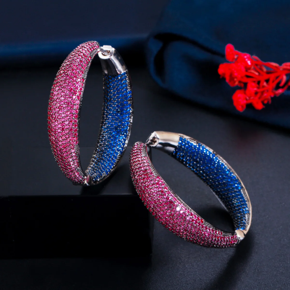 

BeaQueen Nigerian Blue Red Multicolor Cubic Zirconia Big Exaggerated Circle Round Hoop Earrings for Women Statement Jewelry E425