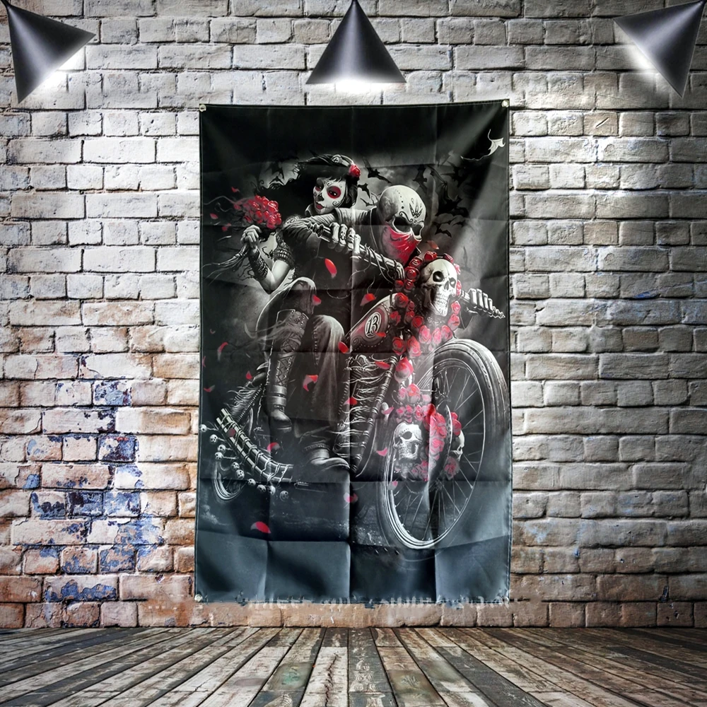 

Череп тату Мотоцикл Байкер розы флаг баннер сексуальная леди красота Искусство домашний декор холст живопись Висячие 4 втулки в углу