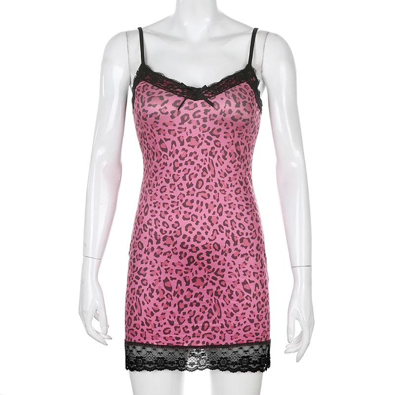 

Rapwriter Elegant Slim Spaghetti Strap Purple Leopard Dress Women 2020 Summer Basic Sleeveless Mini Sexy Dress Vestidos mujer