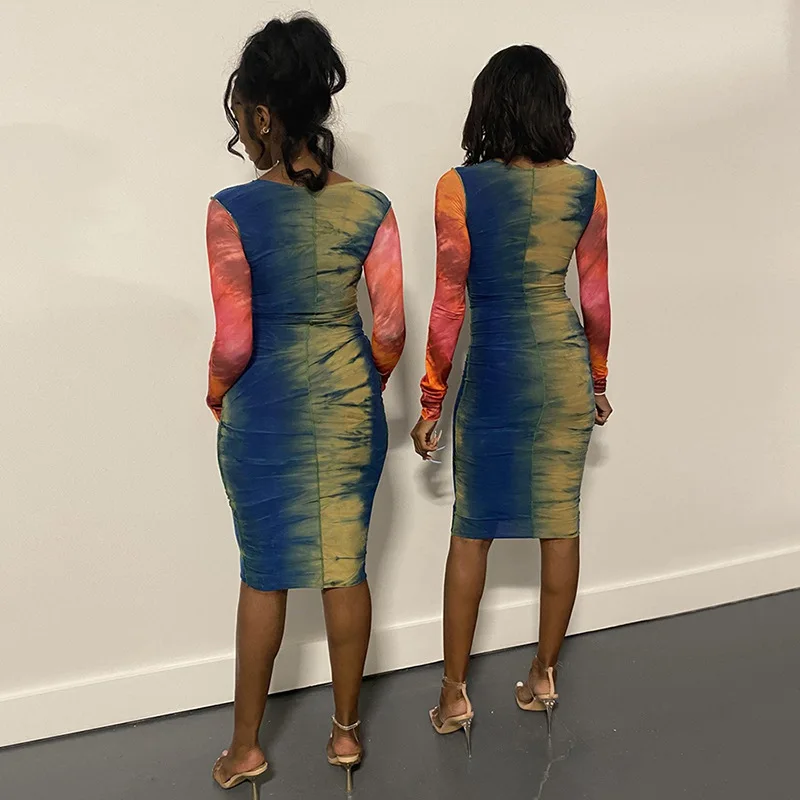 

Pop Tie-Dye Print Stitching O-neck Slim Dress For Women Long Sleeve Sexy Bodycon Ruched Elastic Pleated Casual Party Dresses
