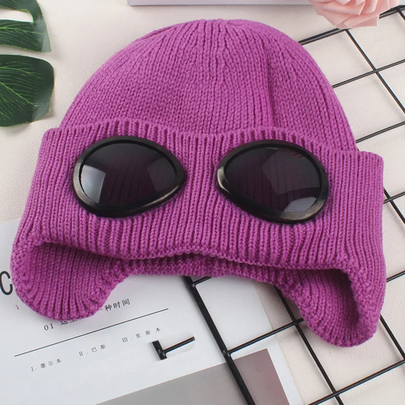 Фиолетовый Moveable Glasses Warm Fleece Lined Women Snow Hat Knitted Winter Cap Cover Ears Orange Yellow Purple Blue Black White Green - Цвет: Фиолетовый