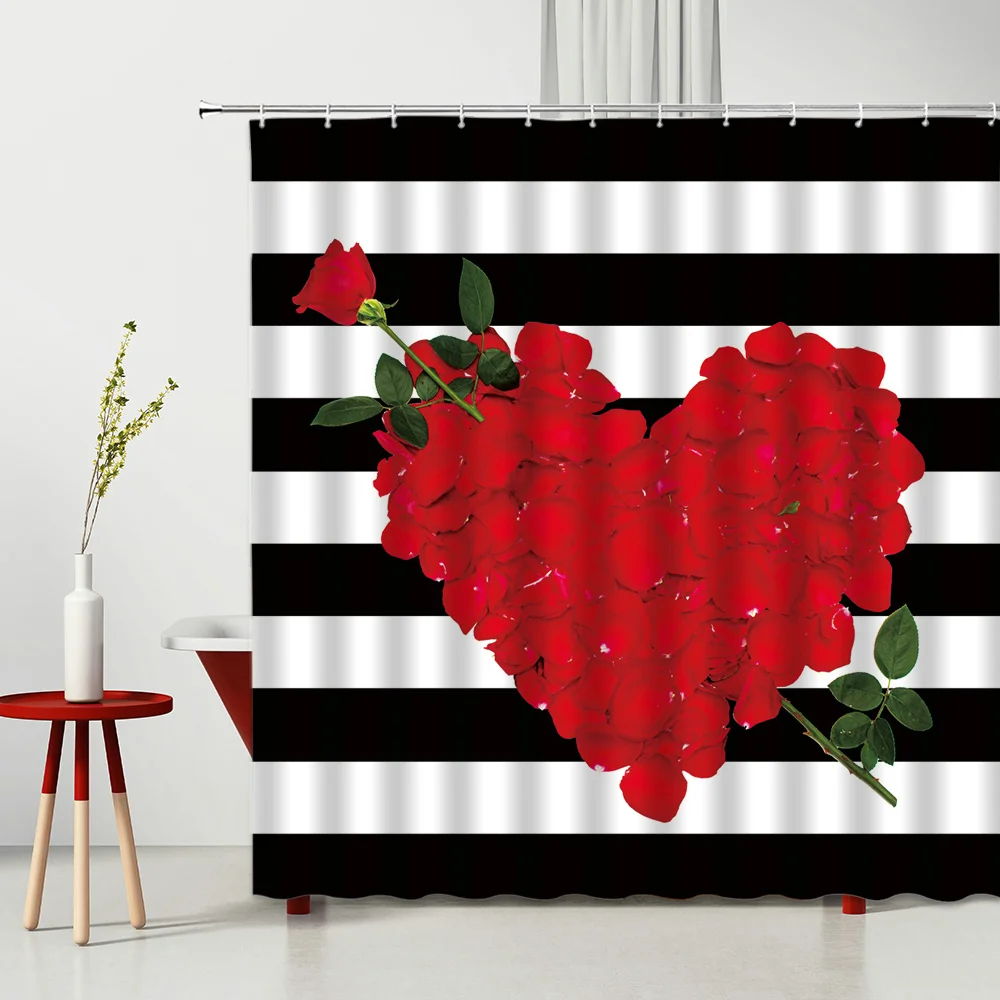 

Bathroom Shower Curtain Set Rose Flower Romantic Love Heart Shaped Rose Petals 100% Polyester Fabric Curtains 3d In The Bathroom