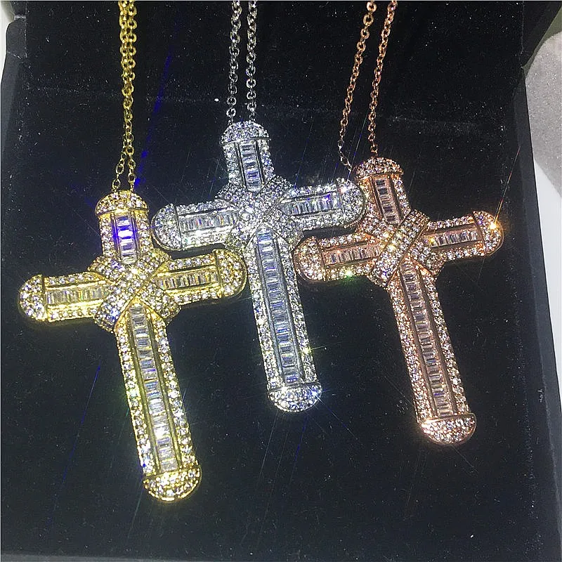 

Vecalon Big Long Cross pendant 925 Sterling silver 5A Cz Stone cross Pendant necklace for Women Men Party Wedding Jewelry Gift