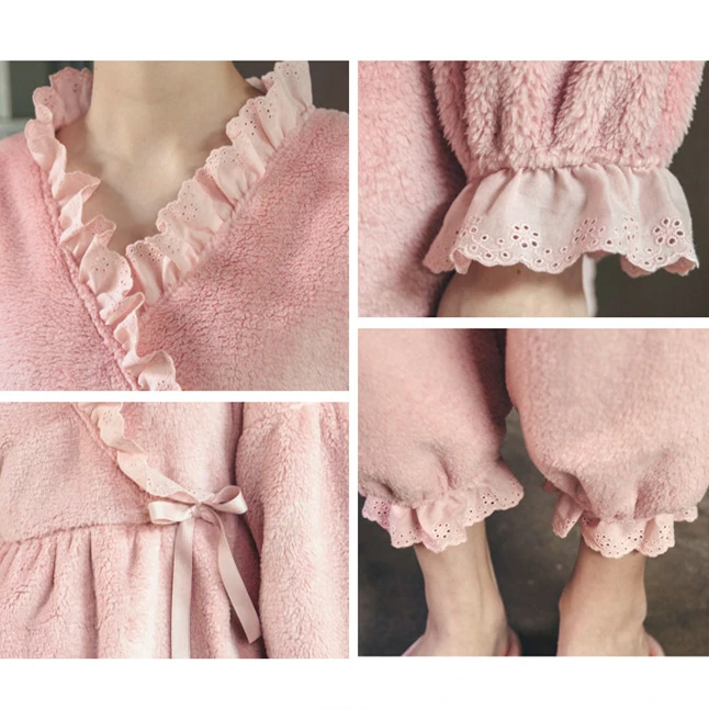 

Korean Style Kawaii Pajamas Women Solid Color Velvet Lace Loose Sleepwear Winter Plus Size Comfortable Lingerie Homewear Suit