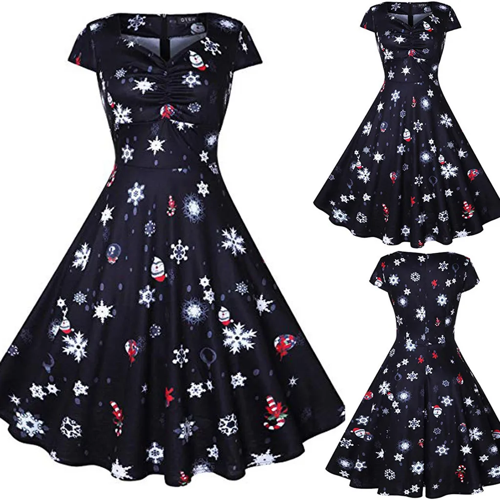 Рождественское Платье женское рождественское Санта Клаус Снеговик цветочный