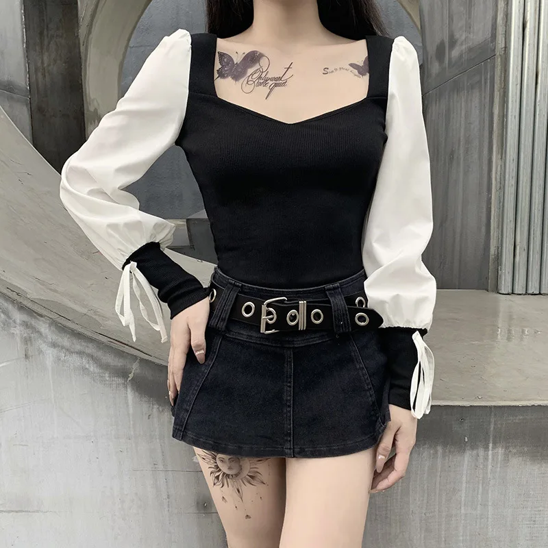 

Fashion Goth Women Square-collar Blouse 2020 Autumn Lady Contrast Color Long Lantern Sleeve Drawstring Cuff Slim Blouses Top