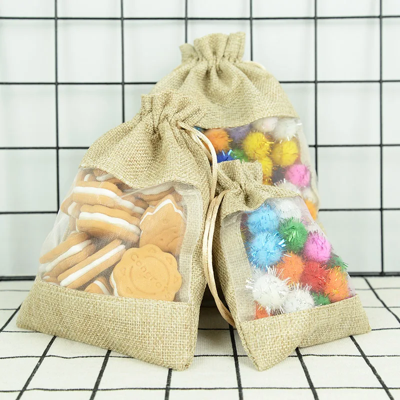 

5pcs Linen Jute Burlap Organza Candy Package Bags Wedding Party Gift Jewelry Drawstring Bags Storage DIY Burlap Pouch