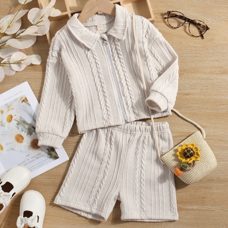 Korean Style Girls Fashion Casual Suit Twist Sweater Zipper Knitted Jacket Shorts Suit 2022 Spring Kids Childrens Clothing Suit