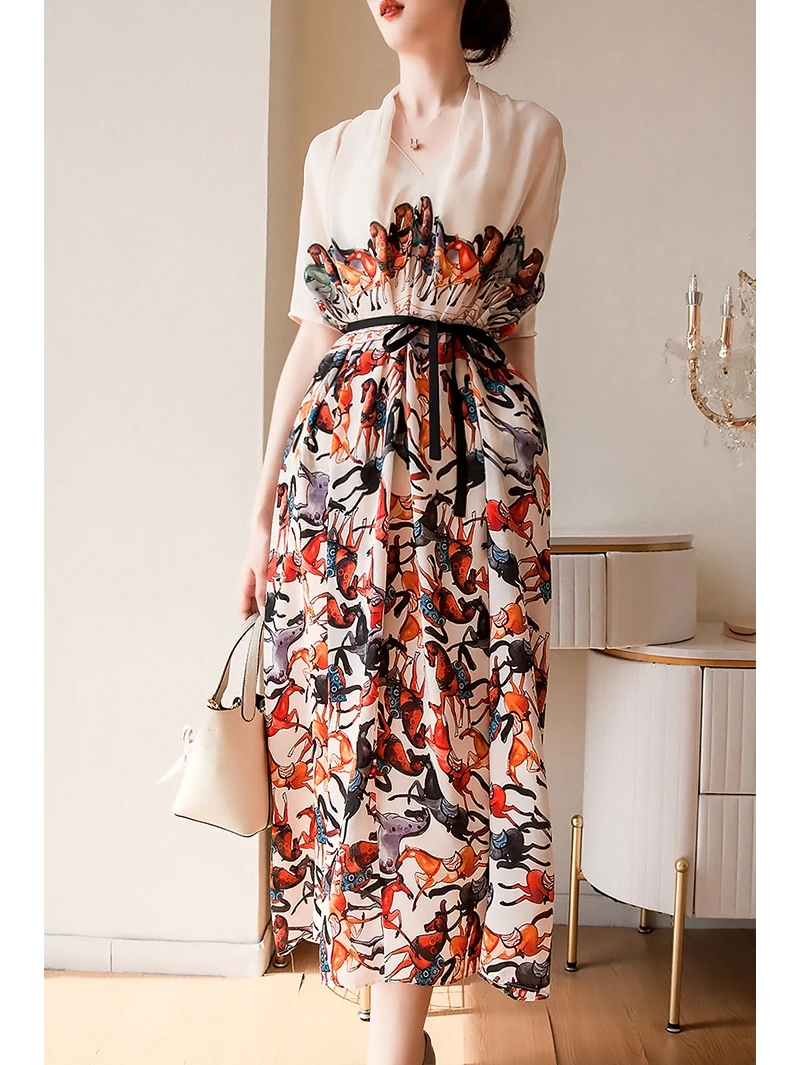 

Long skirt female summer European and American loose temperament fashion V-neck waist slimming printed silk dress