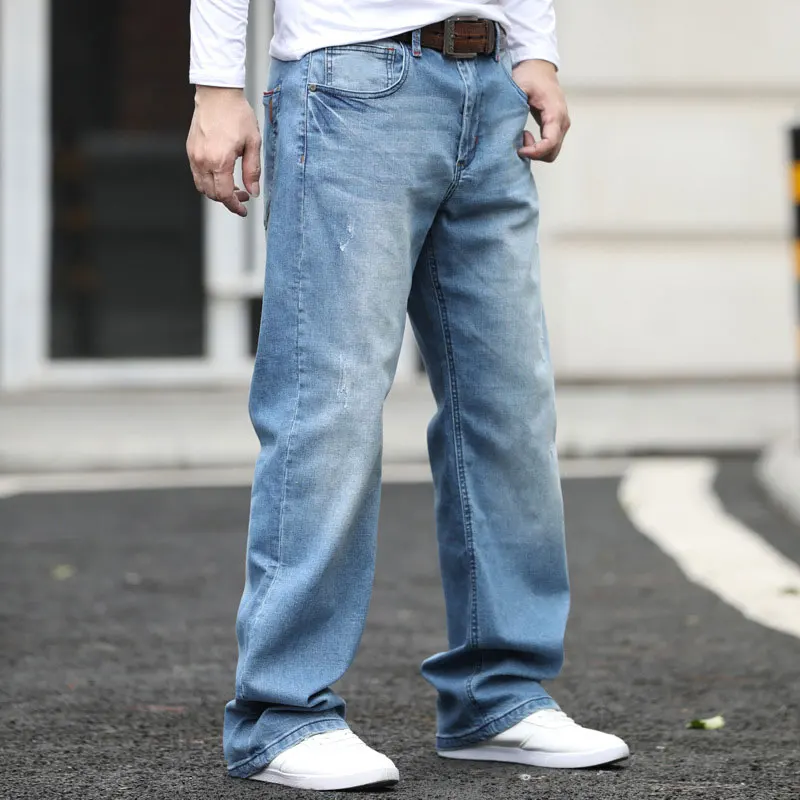 Fashion Elastic Men Jeans Straight Comfortable Loose Baggy Hip Hop Denim Pants Cotton Light Blue Wide Leg Trouser  Large Size 44