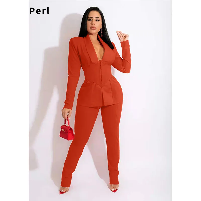

Perl Office Lady Matching Set Solid Color Two Pieces Outfit with Corset Casual Commute Wear Workplace Women Clothing New 2021