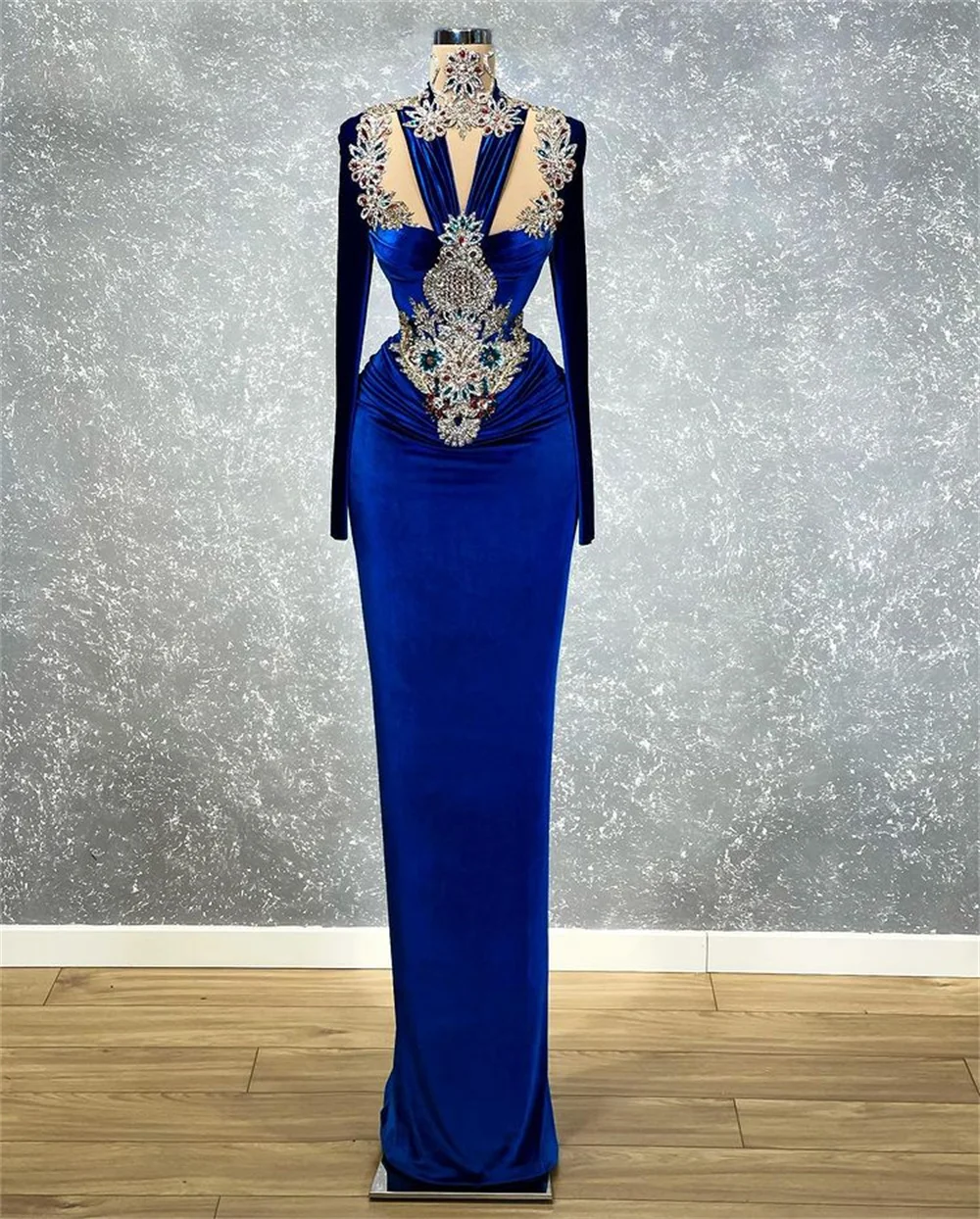 

High Quality Mermaid Evening Dresses Long Sleeve Evening Gowns Crystal Beaded Formal Women Dresses