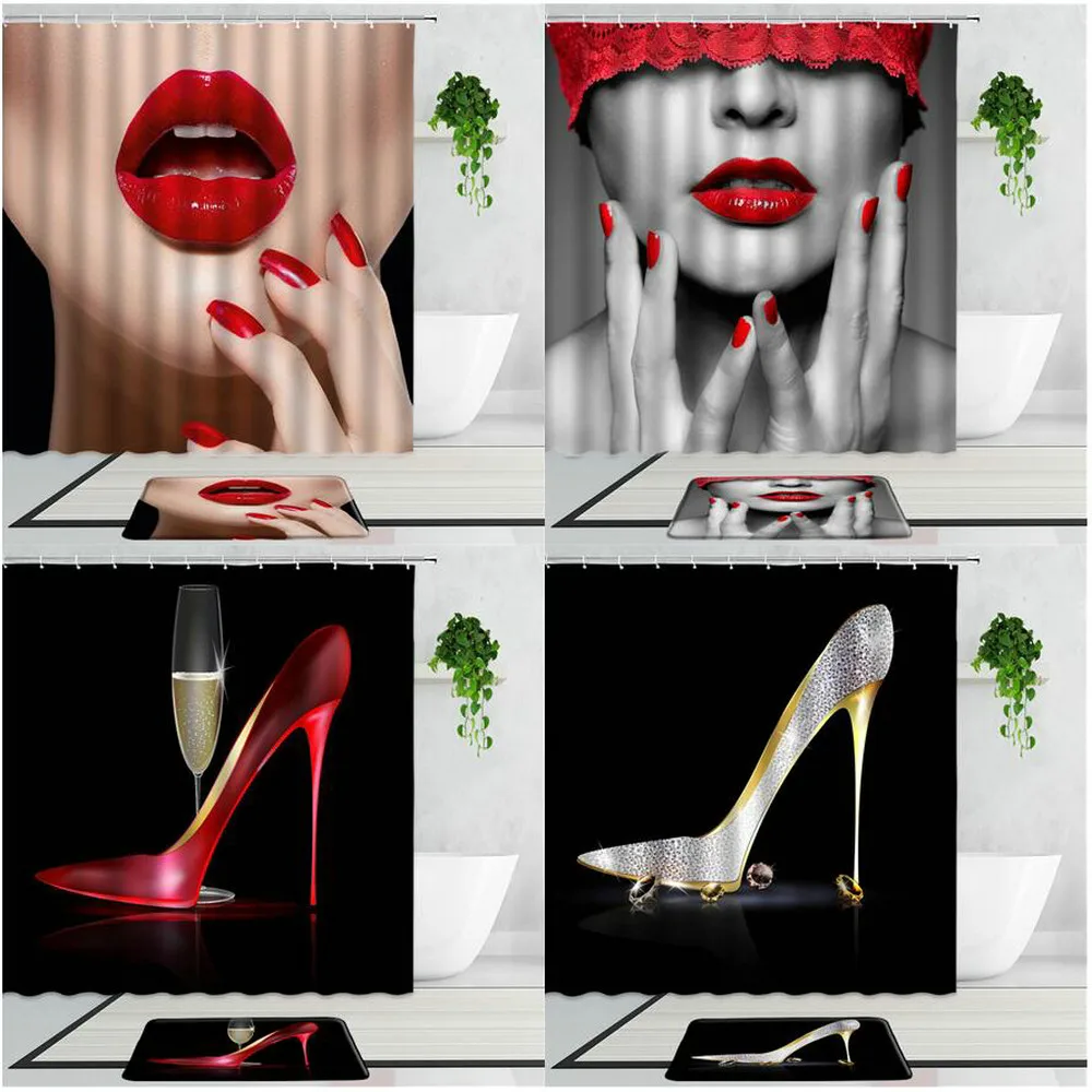Модный с изображением красных губ занавески для душа на высоком каблуке красивые
