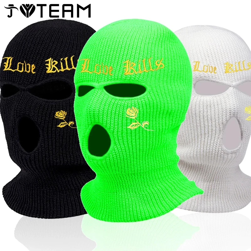 

3-Hole Knitted Rose Flower/Broken Heart Embroidery Face Cover Ski Mask Winter Balaclava Warm Full Face Mask for Outdoor Sports