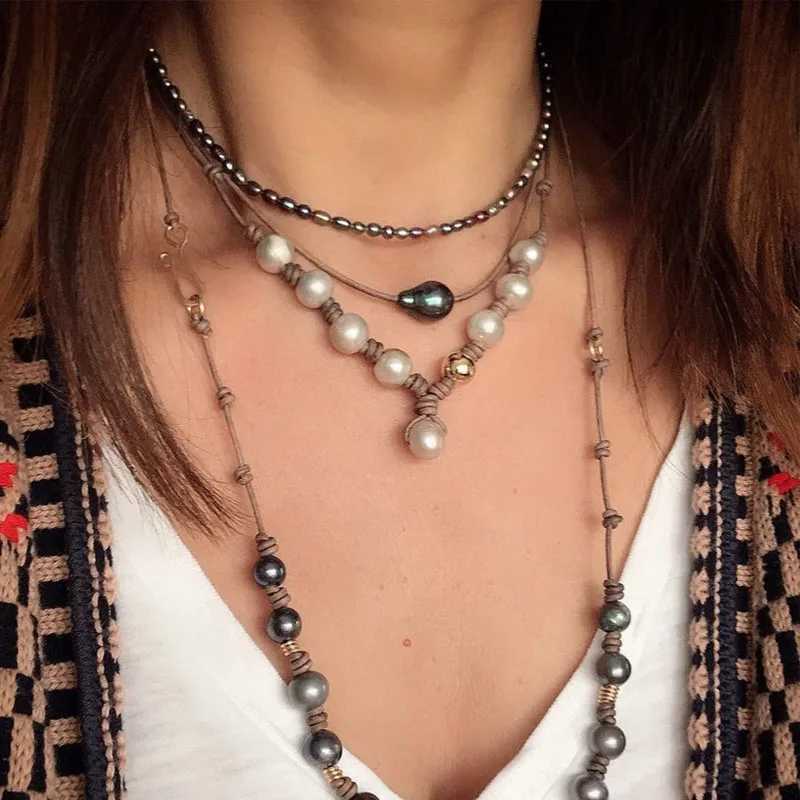 Жемчужное ожерелье натуральный жемчуг и кожа ручная работа | Украшения