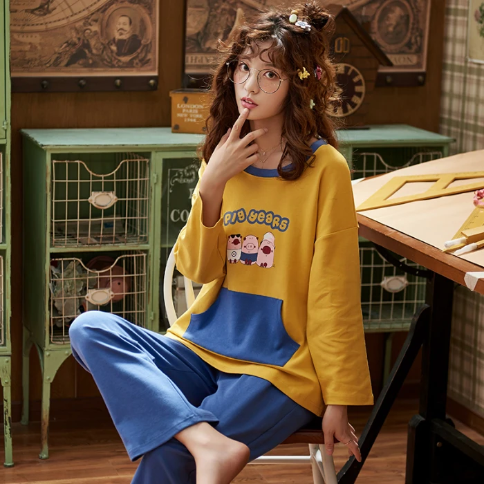 Женский пижамный комплект WAVMIT свободный из хлопка с длинными рукавами на