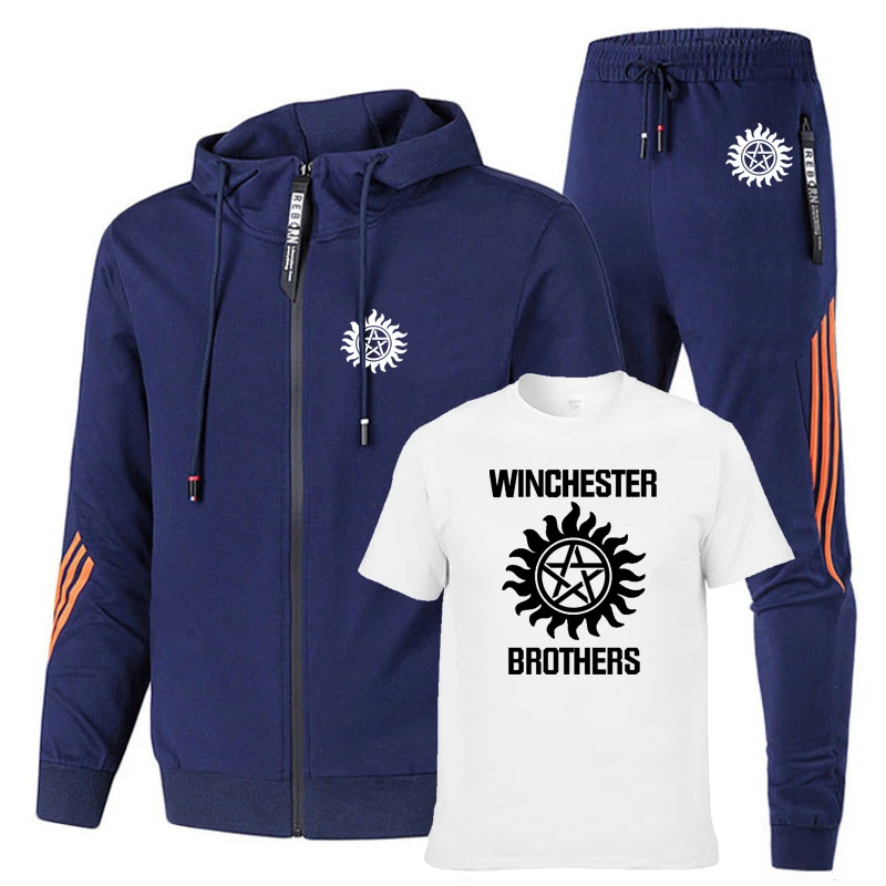 

Supernatural Men's suits Winchester Bros Printed jackets Solid color stripe Cotton Men's sweatshirt+T-shirt+sports pants 3-piece