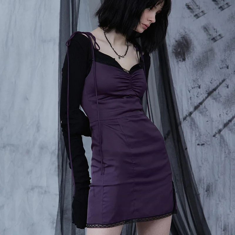 

Women Sexy Strappy Mini Dress Satin Ruched Solid Lace Spliced Side Split Dress Female Sundress Backless Ladies Dresses 2021 New