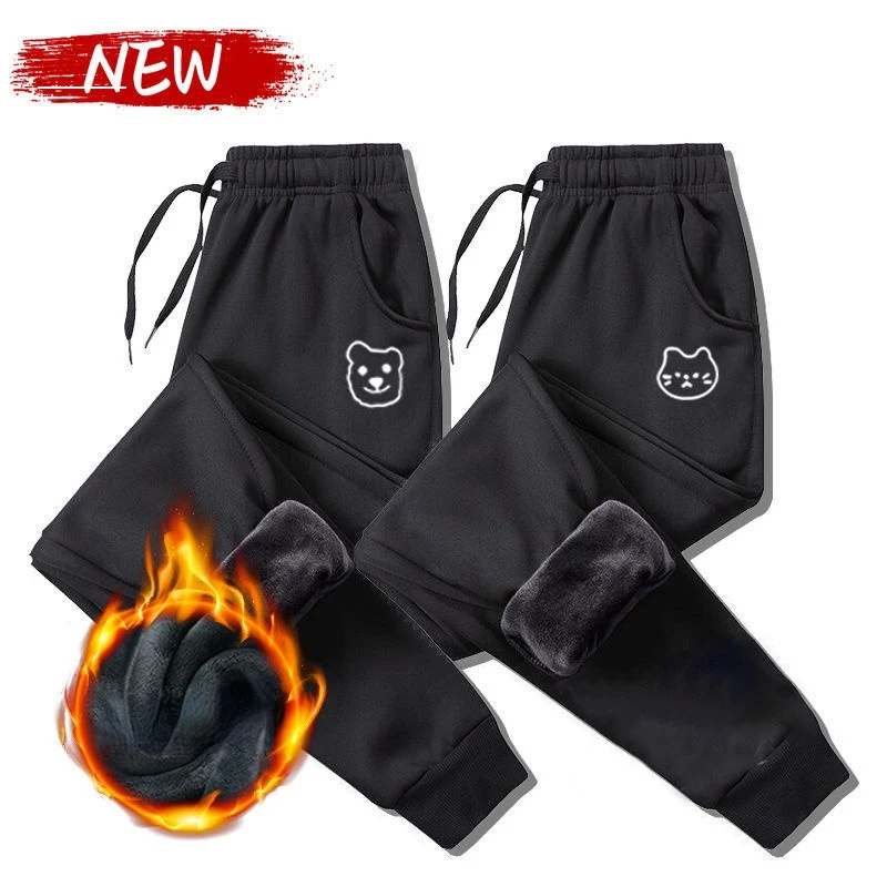 

Осенне-зимние женские спортивные брюки, толстые черные повседневные свободные бархатные брюки с животным рисунком в Корейском стиле для же...