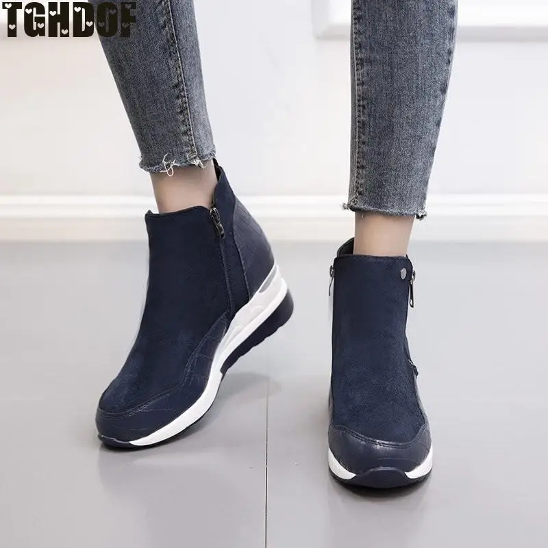 Shoes Women's PU Fashion High-top Flannel Casual Shoes Women's All-match Flat-bottom Zipper Walking Ladies Breathable Flat Shoes