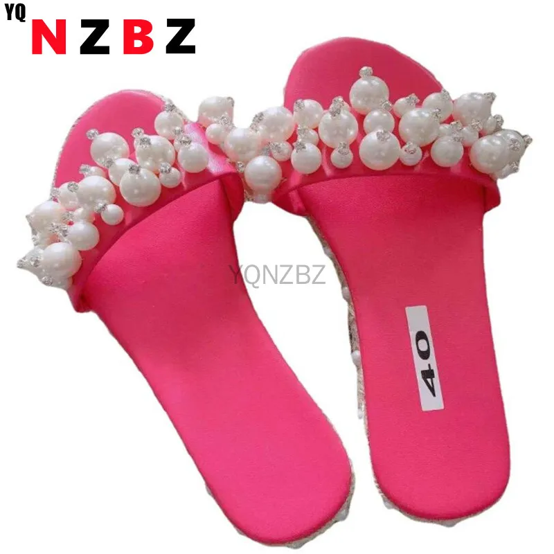 

Pearl Slippers Women Summer Sandals 2021 Fashion Bling Female Candy Color Beach Diamond Slippers Flat Shoes Outdoor Sandals