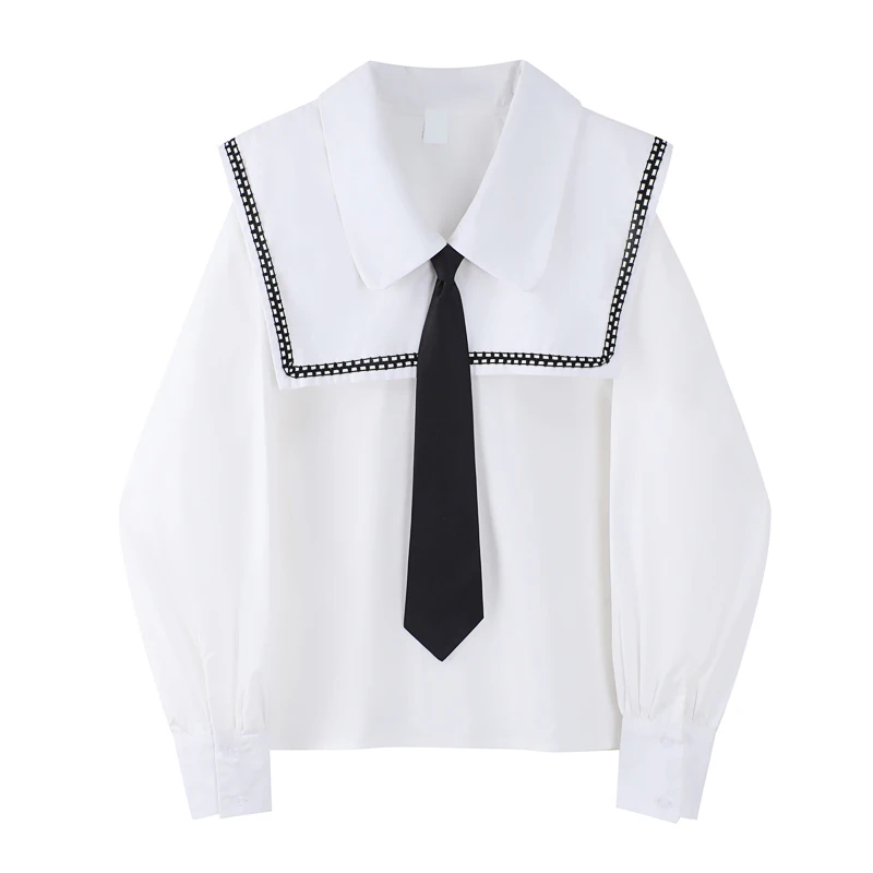 

Женская весенне-осенняя блузка с матросским воротником и пышными рукавами, женская модная Свободная белая рубашка в Корейском стиле с галс...