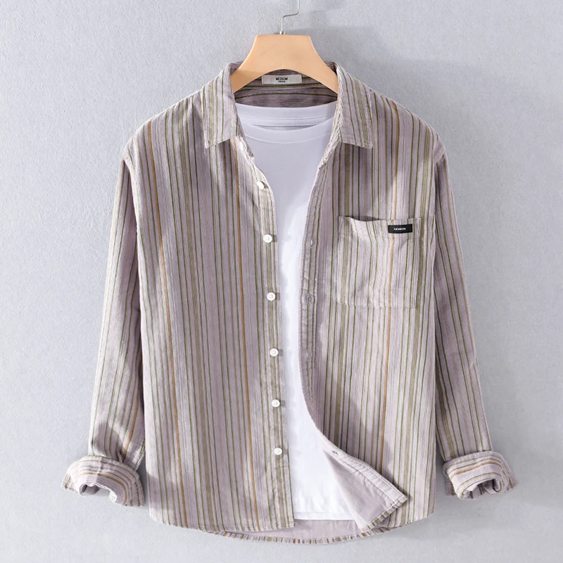 

New style spring and autumn pure cotton corduroy long-sleeved shirt men striped retro comfortable shirts for men sanded top