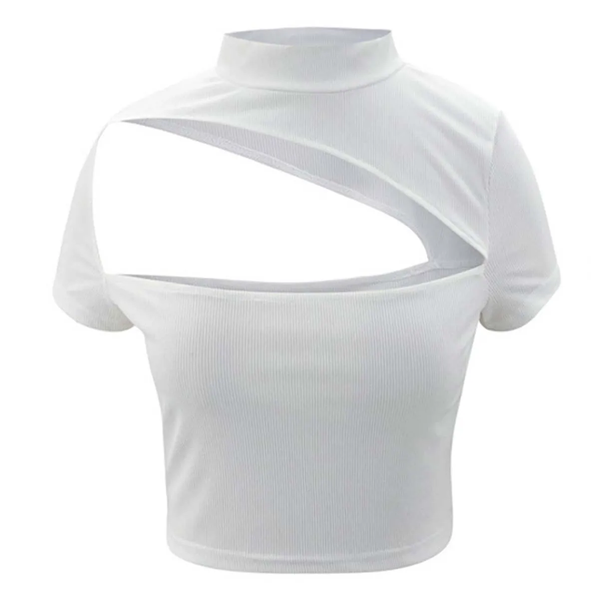 

Crop Top Hollow Out Solid Color Crew Neck Short Sleeve Summer Clothes For Women Clothing Mock Neck Slim Knit T-Shirt