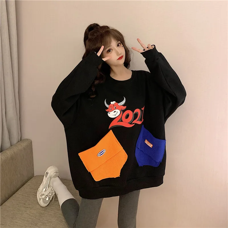 

XZ769 2021 Design sense stitching contrast color loose mid-length plus velvet thick long-sleeved Sweatshirts