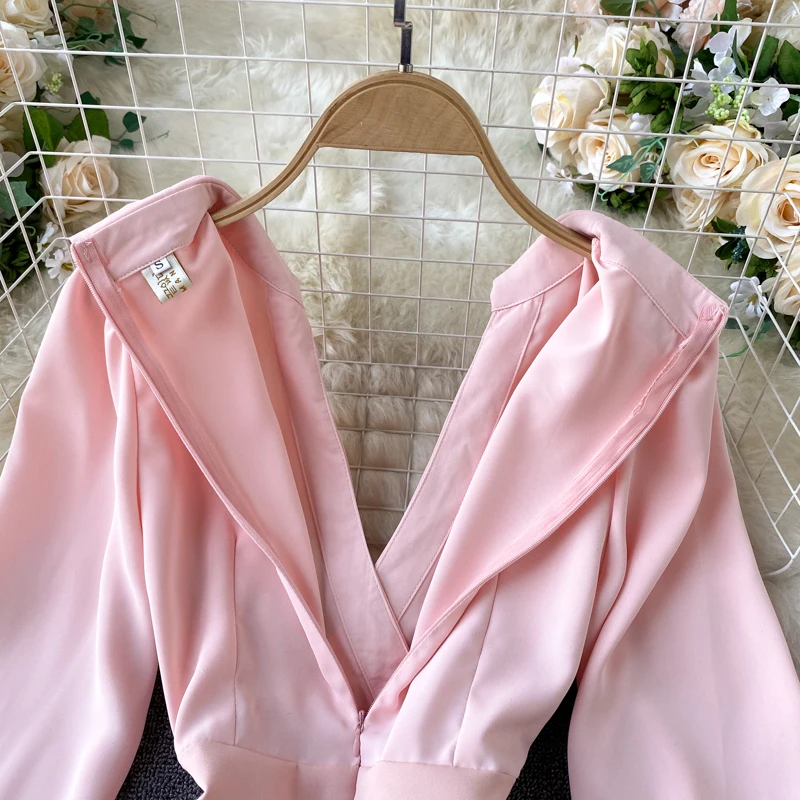 

Foamlina Elegant Women Pink Dress Cross V-neck Puff Sleeve Slim Waist Party Dress 2021 Casual Office Lady Work Short Dress Robe