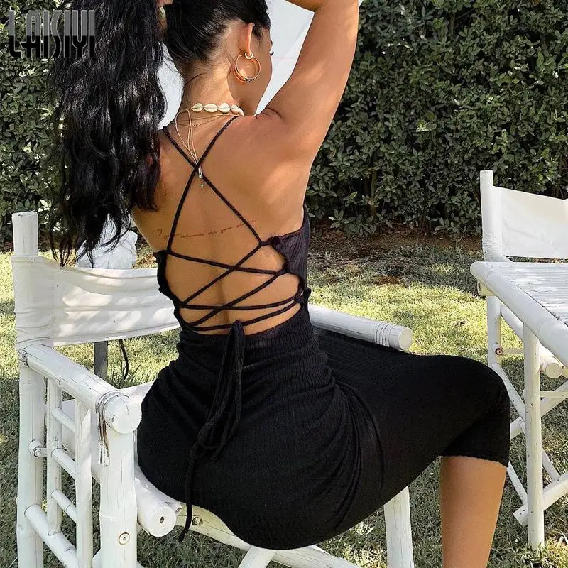

Spaghetti Straps Bandage Midi Dress Black Elegant Club Party Bodycon Vestidos Sexy Lace Up Backless Sleeveless Women's Dresses