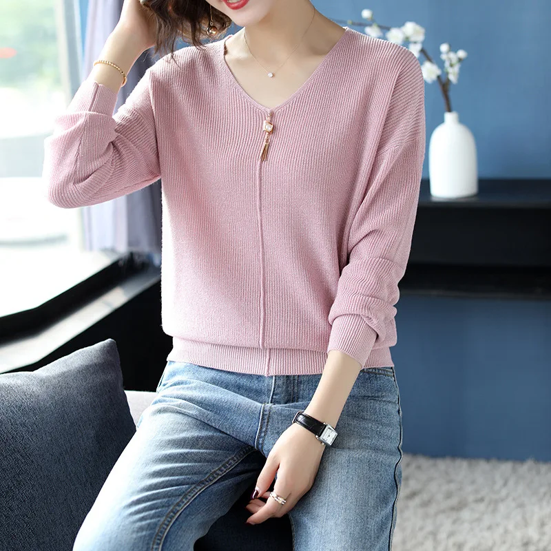 

Ladies V-neck sweater women loose autumn 2020 new women's thin spring and autumn tops knitted bottoming shirt
