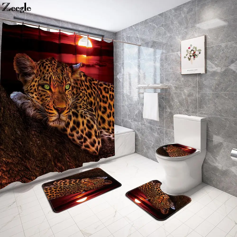 

Bathroom Carpet Set Leopard Pattern Printing Shower CurtainWaterproof Home Polyester Carpet Door Mat Bathroom Shower Curtain Set