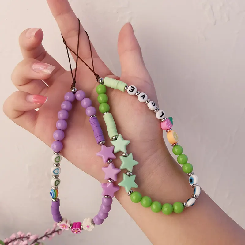 

Mobile phone lanyard, short hand-beaded, durable, colorful beads, children’s fashion ornaments, anti-lost sling