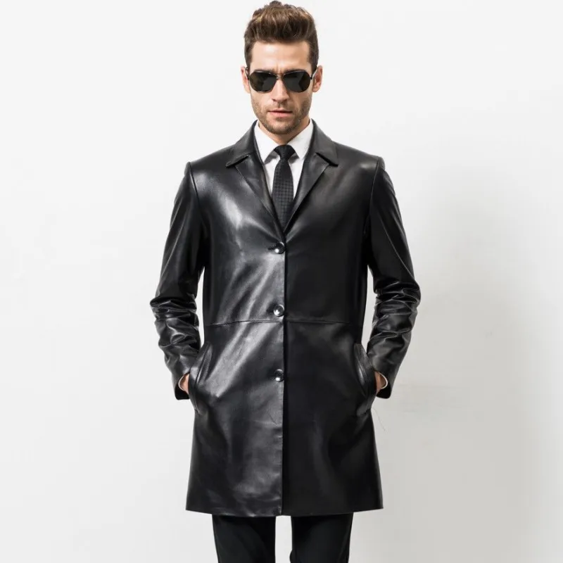 

Business Mens England Style Real Leather Long Jacket Spring Autumn Lapel Sheepskin Formal Coat Top Brand Leather Windbreaker